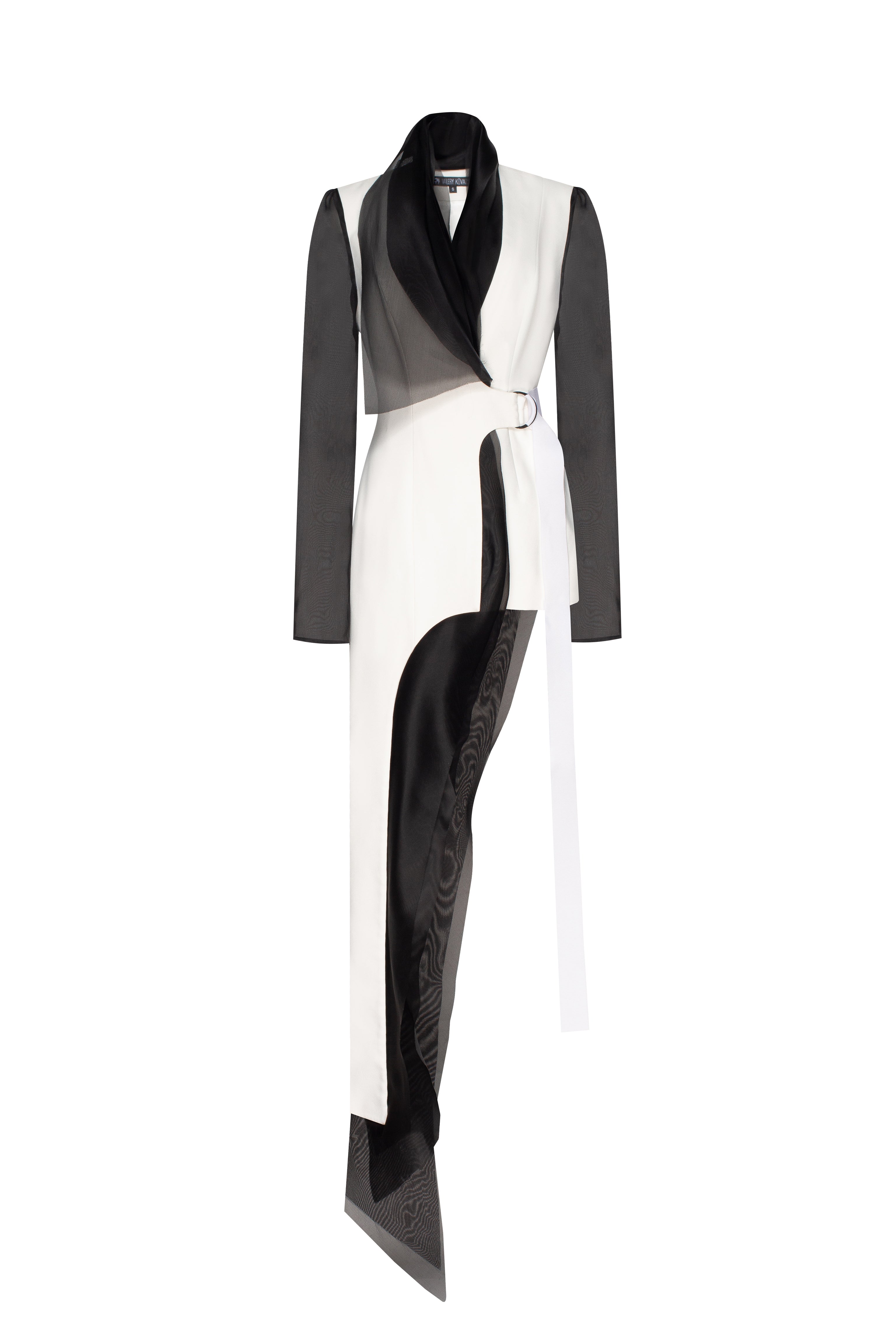 Contrast tuxedo jacket with organza layers