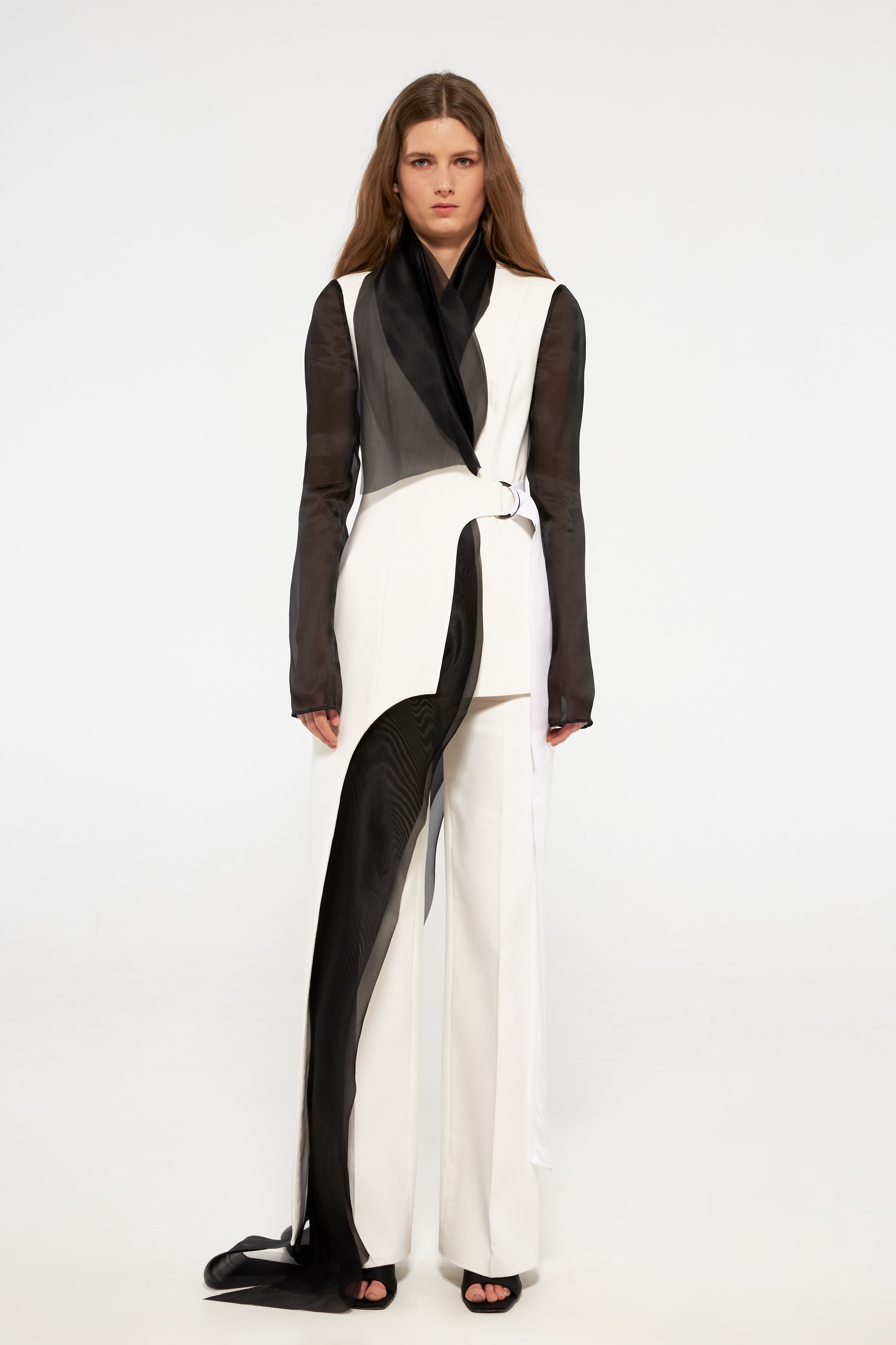 Contrast tuxedo jacket with organza layers
