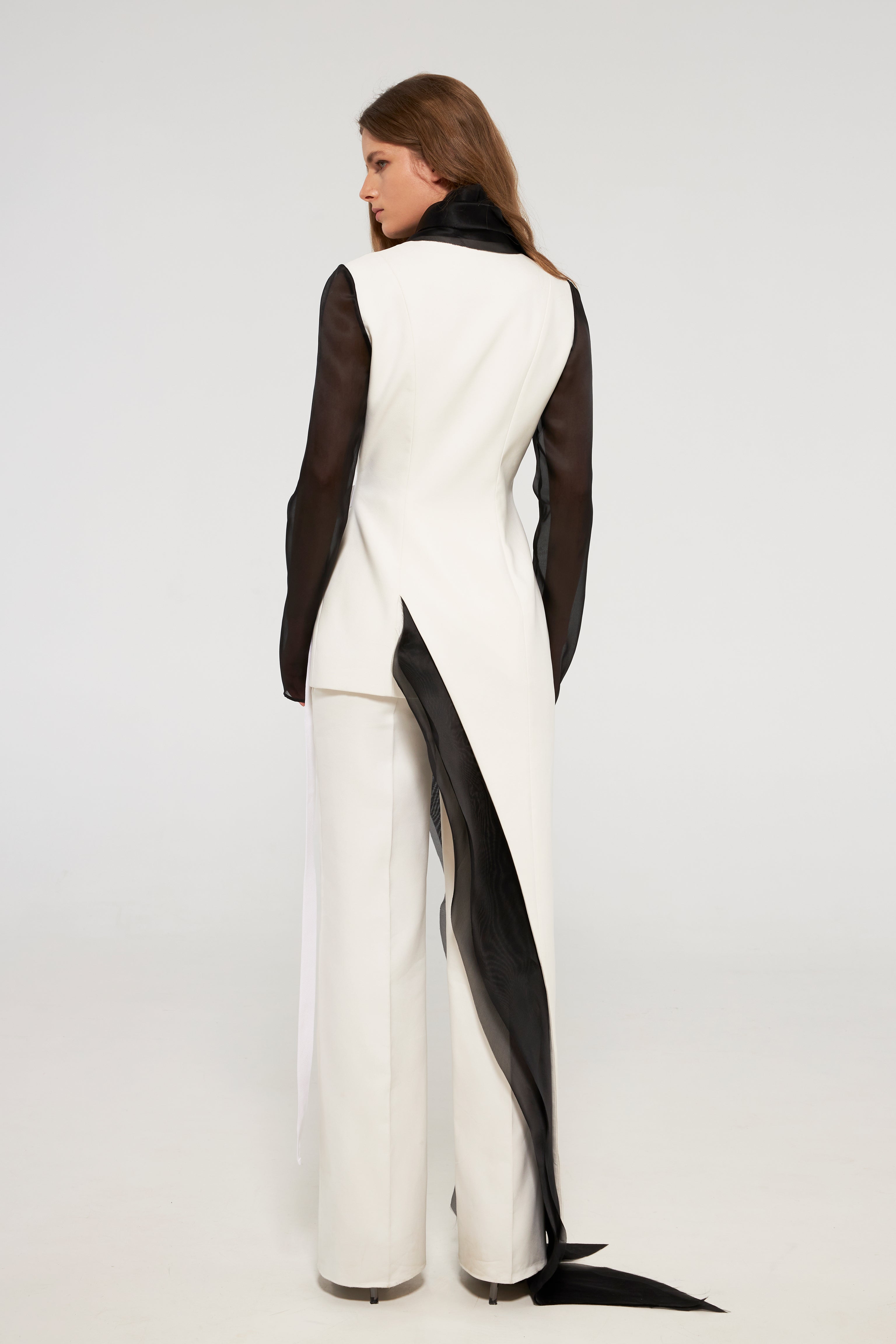 Contrast tuxedo jacket with organza layers