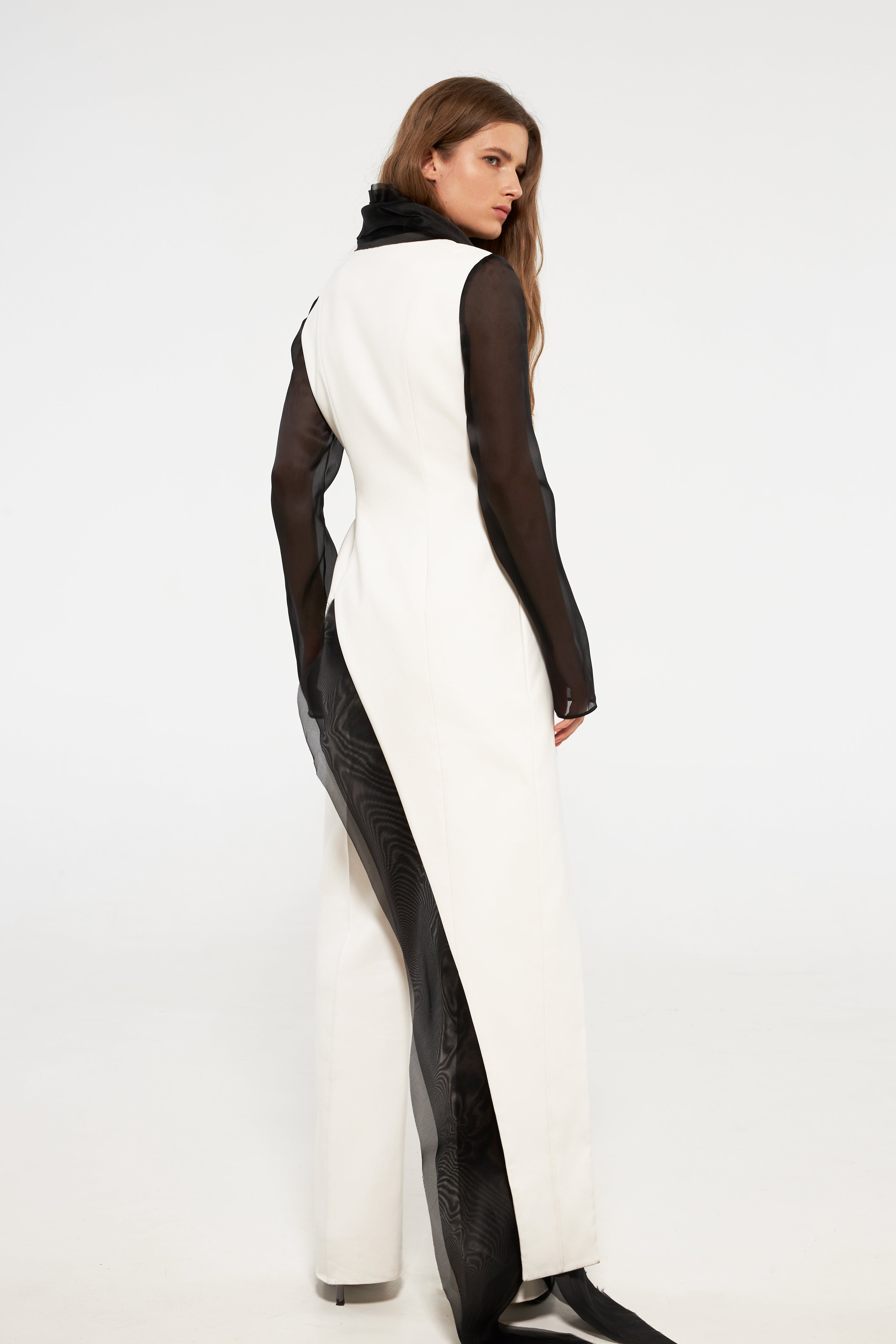 Contrast tuxedo jacket with organza layers