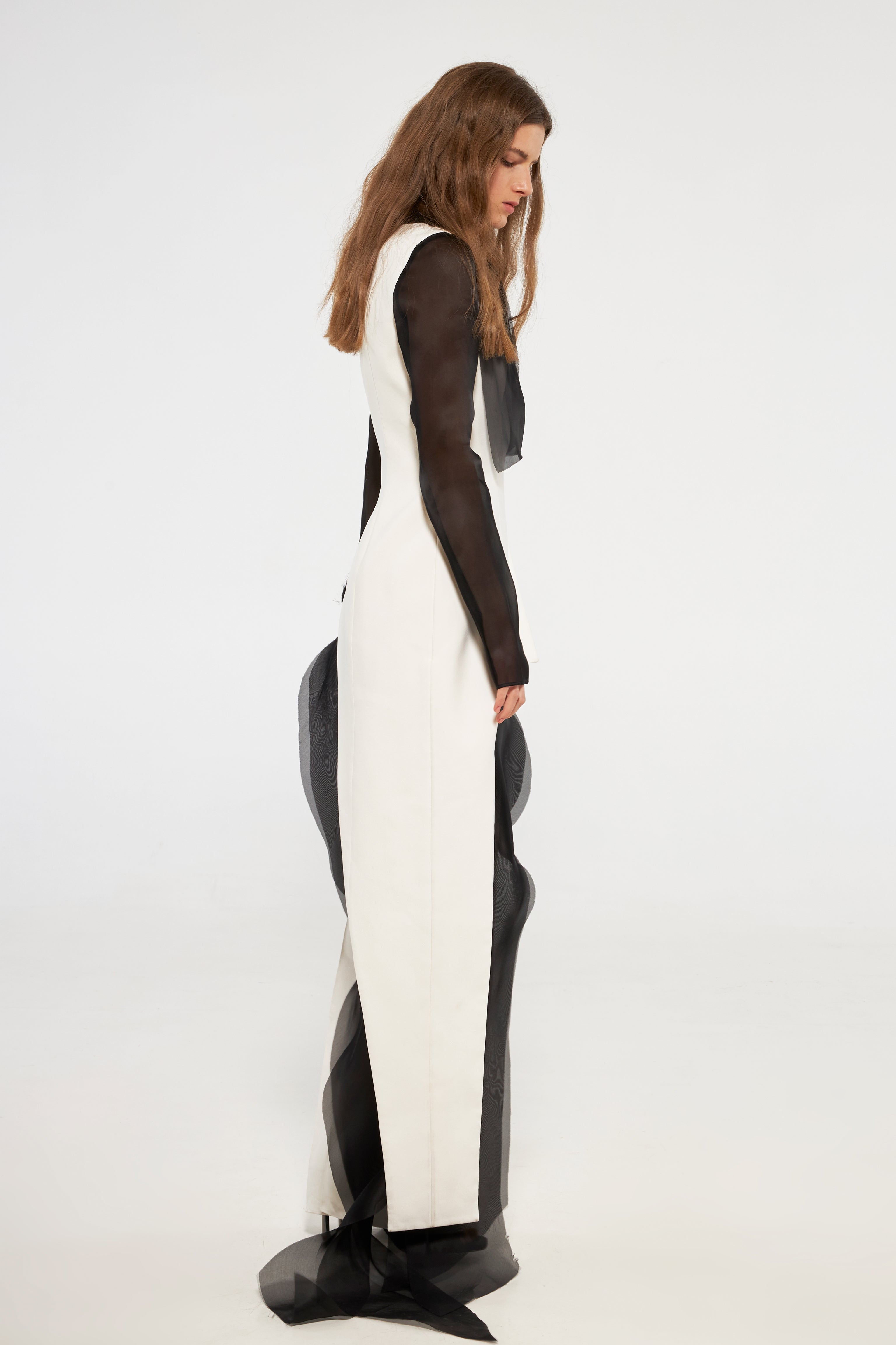 Contrast tuxedo jacket with organza layers