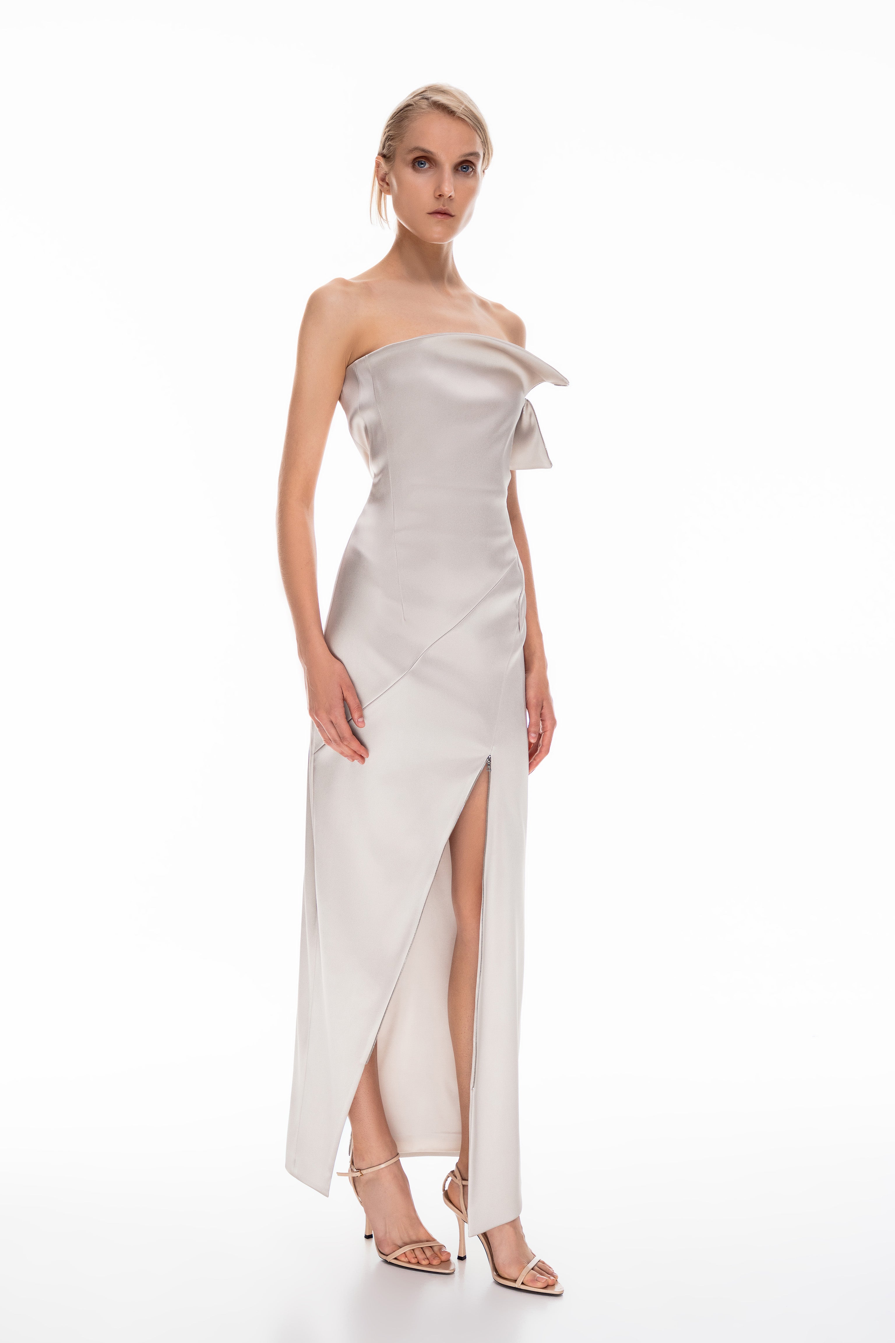 Graphic transformer dress with adjustable silhouette.