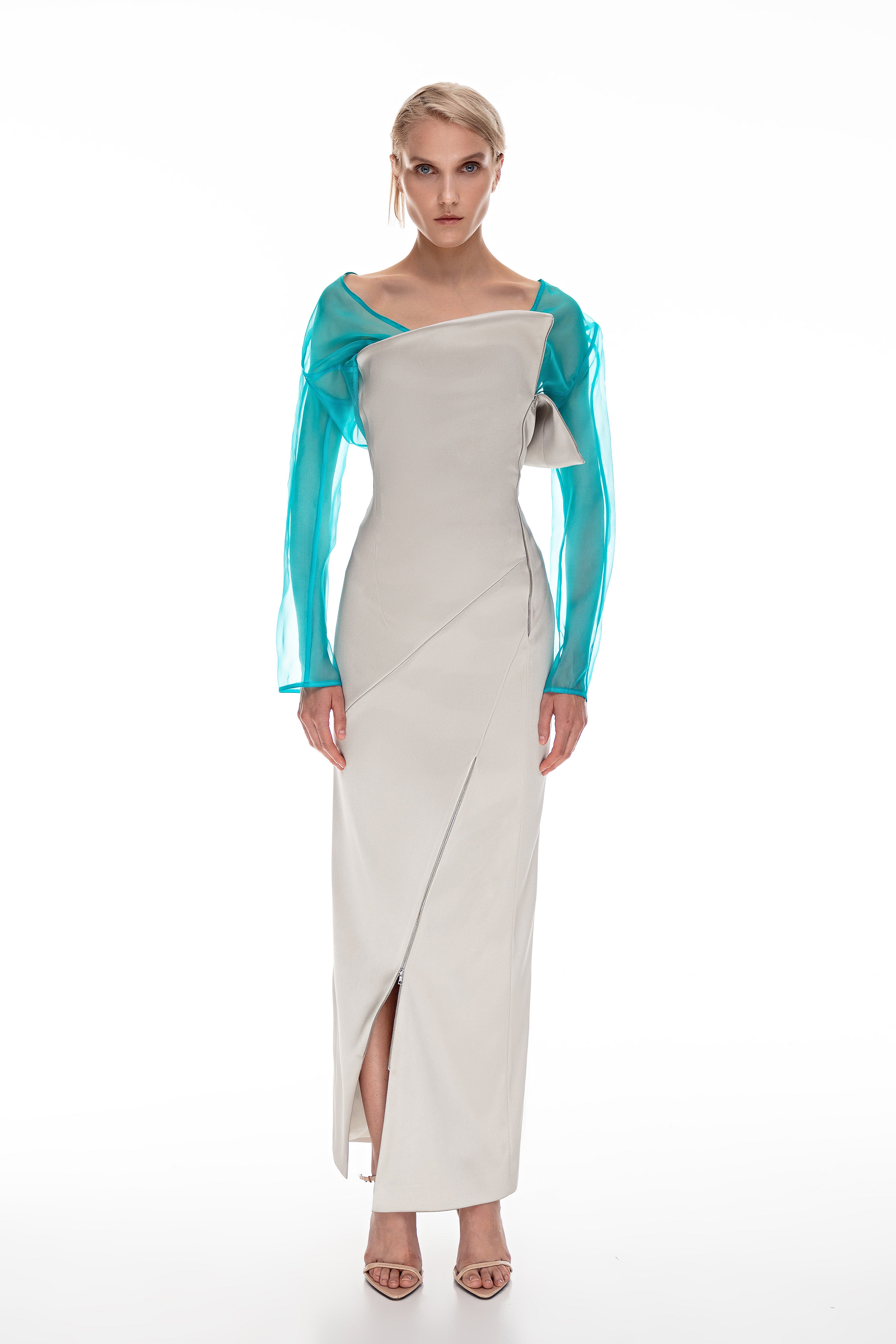 Graphic transformer dress with adjustable silhouette.