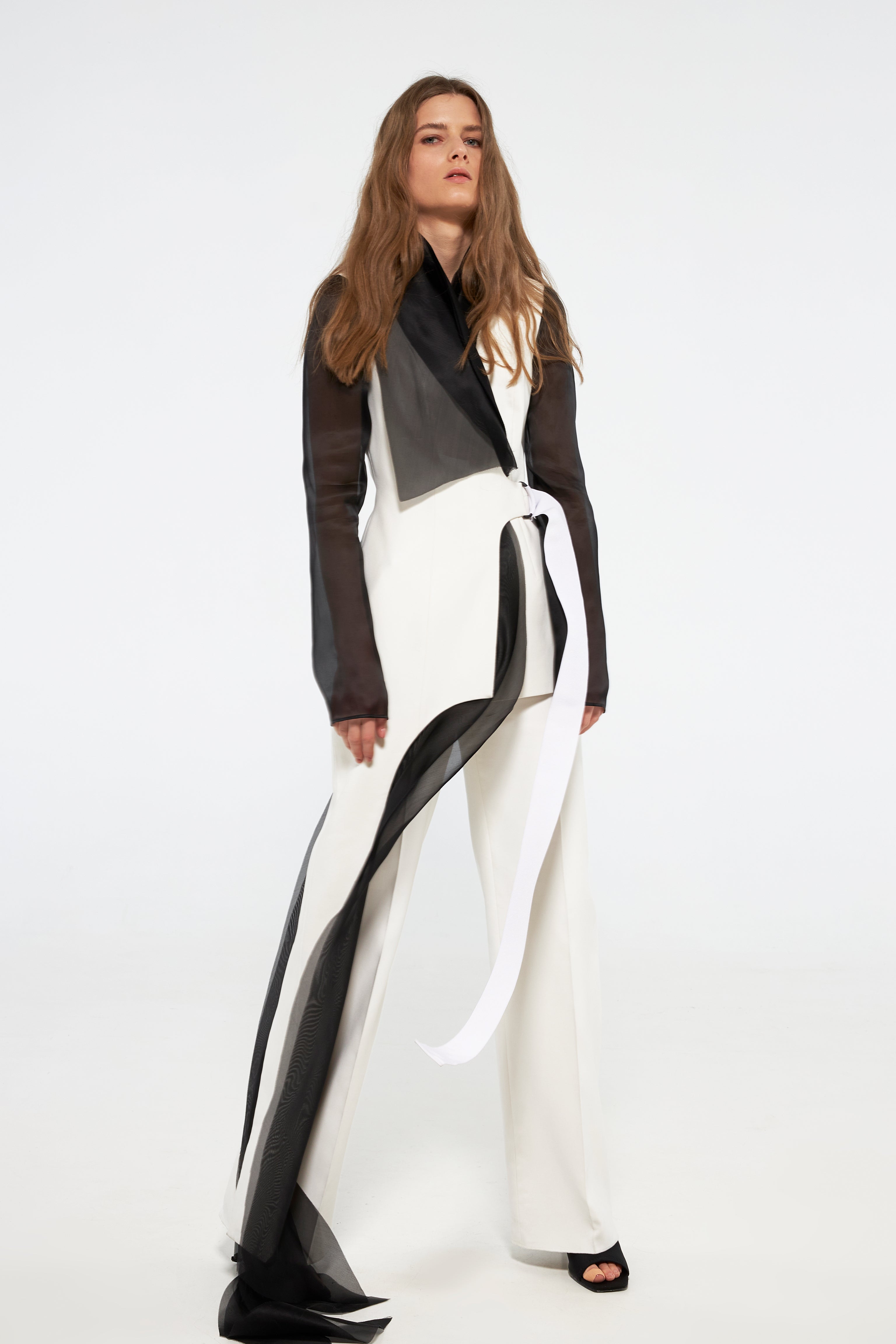 Contrast tuxedo jacket with organza layers